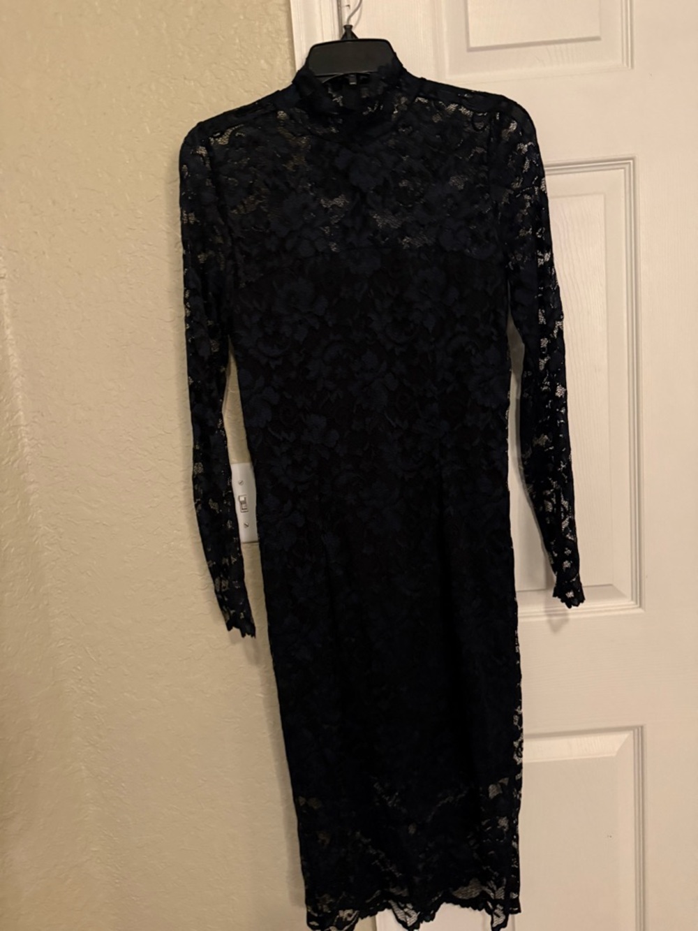 Ganni Black and navy Lace Long-Sleeve Midi Dress